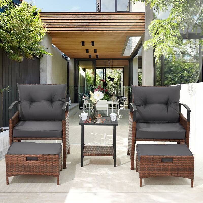 AVAWING 5-Piece Patio Furniture Set Wicker Conversation Set with Coffee Table and Ottoman