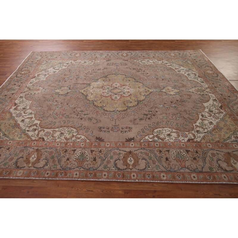 Brown Tabriz Persian Vintage Area Rug Hand-Knotted Wool Carpet - 8'0" x 10'11"