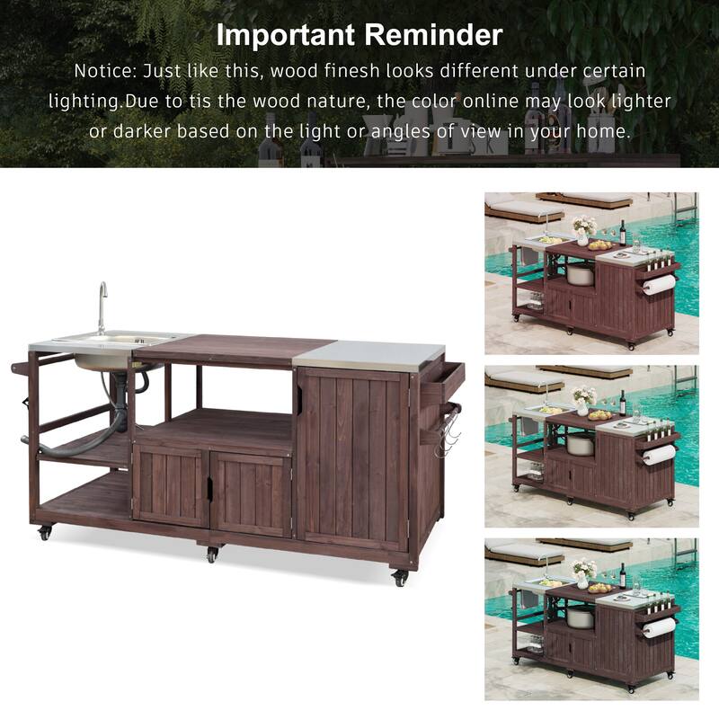 75" Outdoor Kitchen Island with Sink, Rolling Cart & Stainless Steel Top