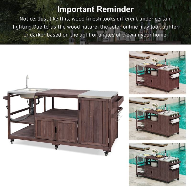 75.4"Outdoor Kitchen Island with Sink, Solid Wood Grill Cart for XL Green Egg Grills, Rolling Bar Cart with Stainless Steel Top