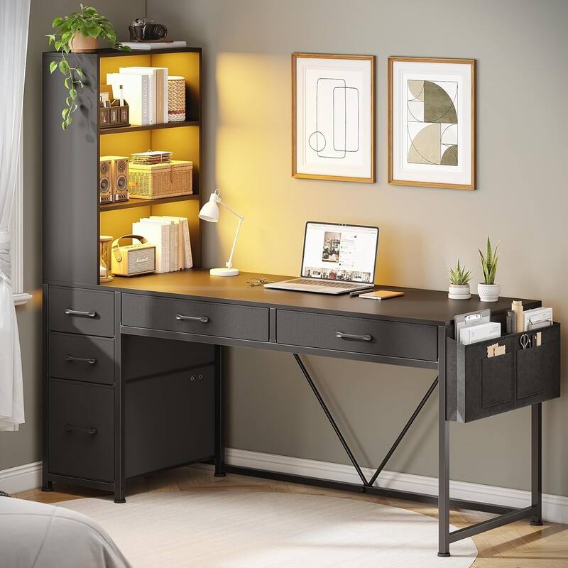 L Shaped Computer Desk 5 fabric Drawers Gaming Desk Storage Shelf