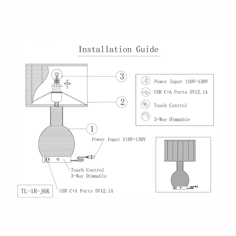 Amber 19" Rattan Table Lamp with USB 3-Way Touch Dimmer