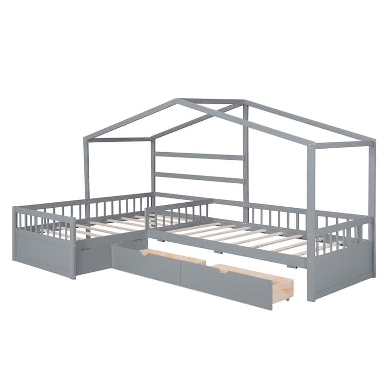 Twin Size House Platform Bed with Three Storage Drawers, White