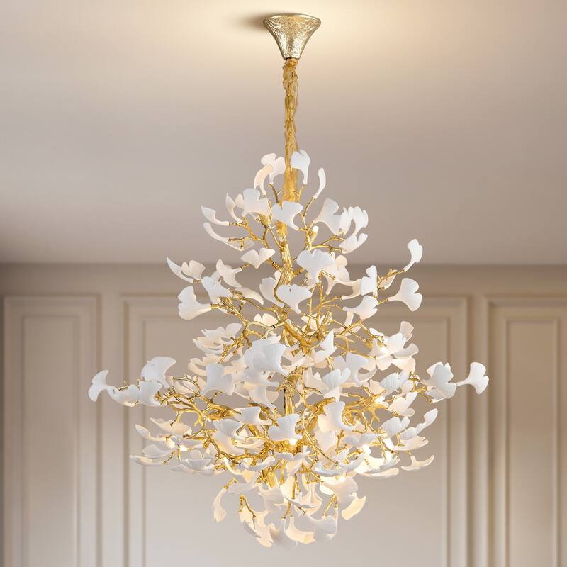 Modern Ginkgo Leaf Ceramic Chandelier, Moon Ring Round Pendant Light, D550-D1200, Gold Finish - Staircase light D1200