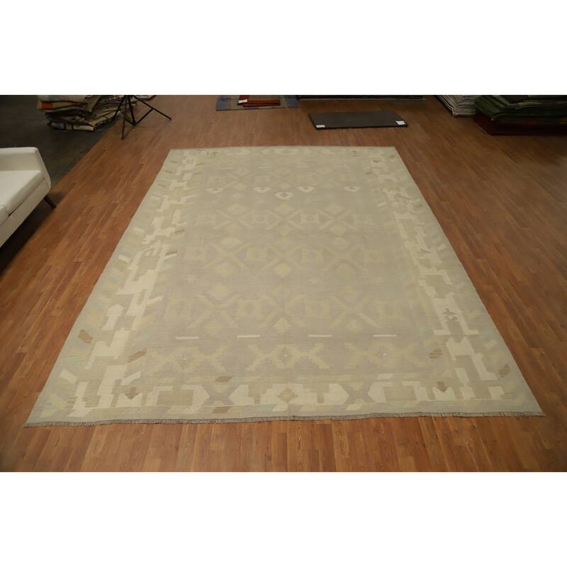 Hand Woven Oriental 100% Wool Carpet Southwestern Tribal Greys & Charcoal Kilim Area Rug - 12' 10'' X 9' 11''