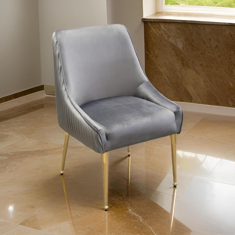 24 Inch Pleated Dining Side Chair, Set of 2, Smooth Gray Velvet Upholstery
