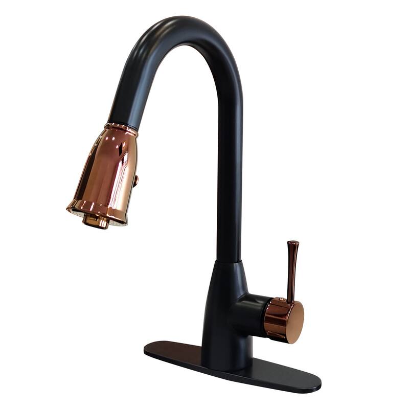 One-Handle Matte Black and Rose Gold Pull Down Kitchen Faucet with Deck Plate - 5 Years Warranty - 16x8.2 - Matte Black and Rose Gold