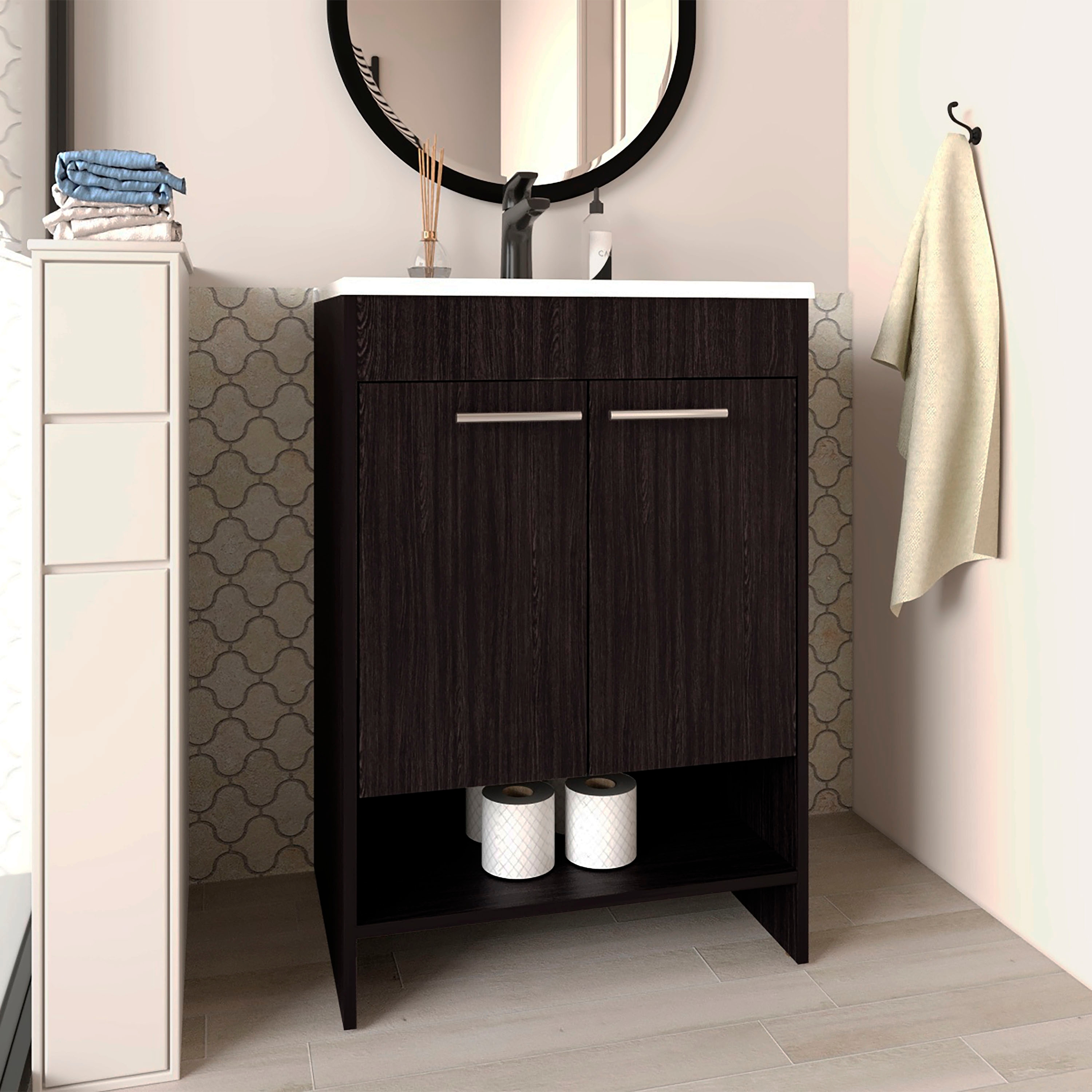 Floor Vanity With Four Drawers And Two Open Shelves,Black