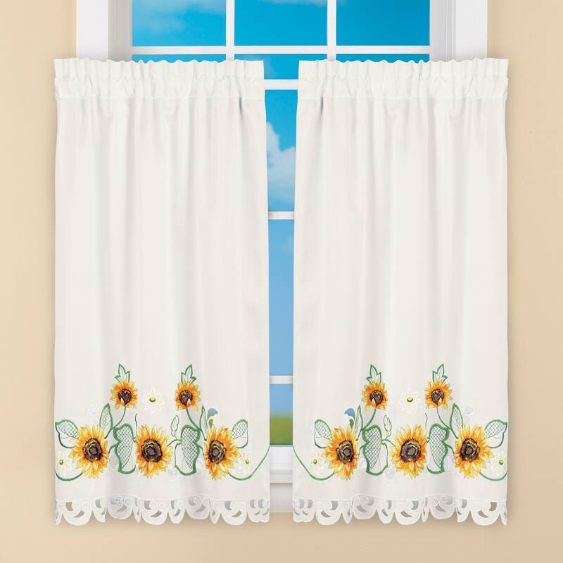 Exquisite Embroidered Sunflower Rod Pocket Curtains with Scalloped Edges - 36"L Tiers