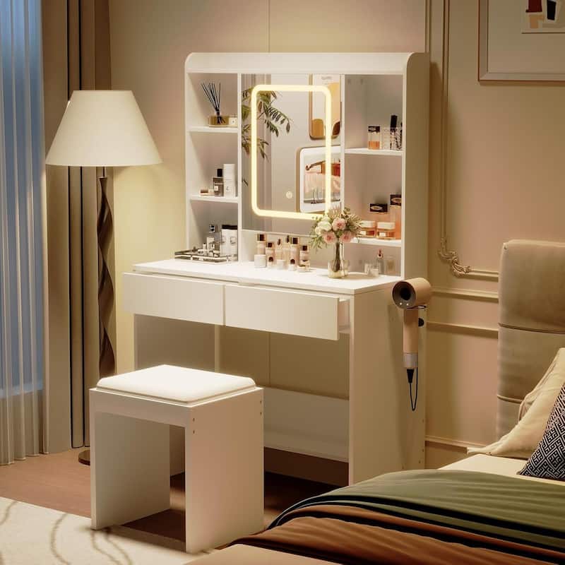 Vanity Desk with Mirror and Lights, USB Outlets for Bedroom