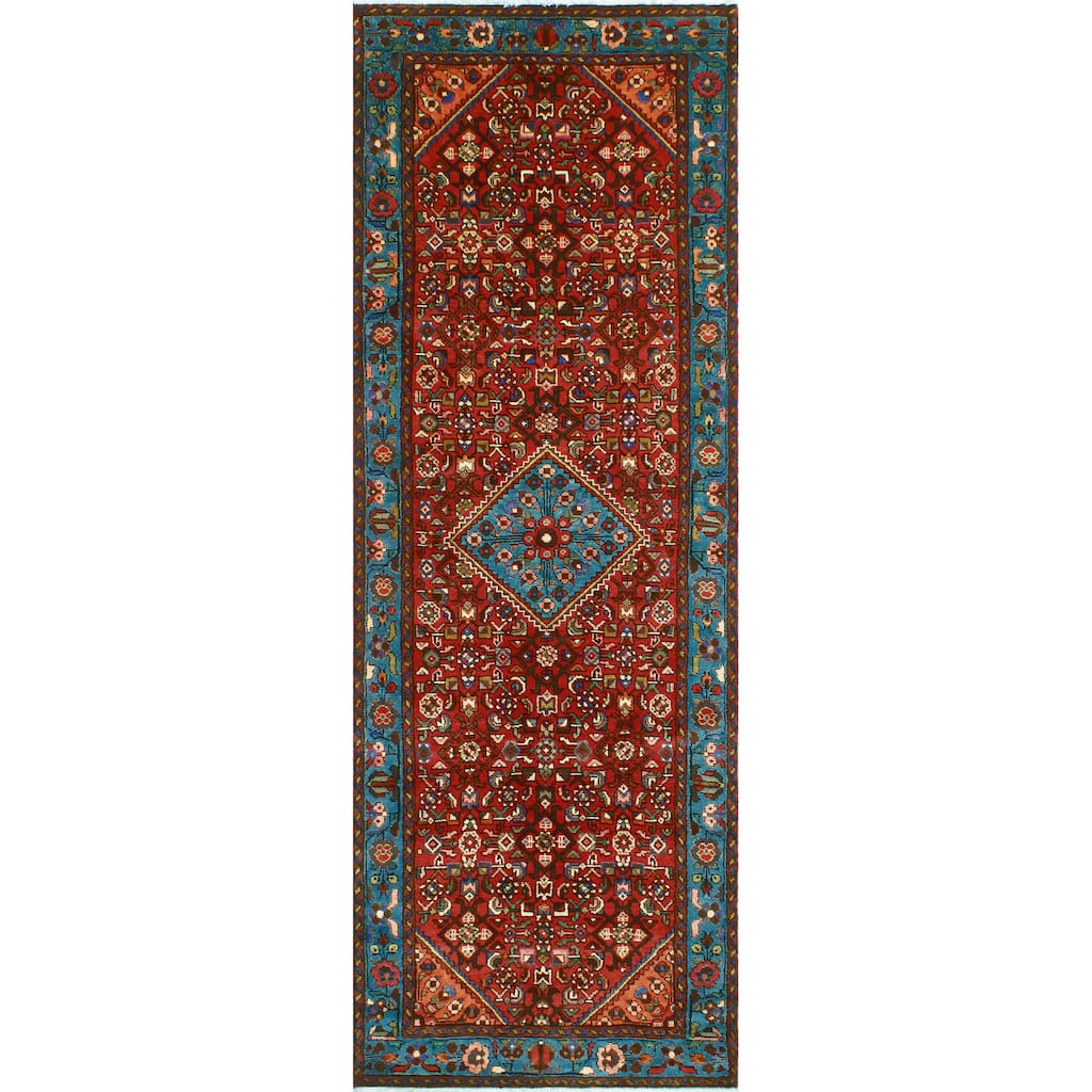 Fine Vintage Distressed Hicham Red/Lt. Blue Runner - 3'6" x 10'1"
