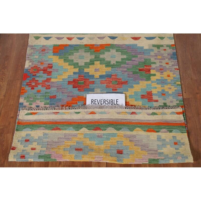 Reversible Kilim Accent Rug Hand-Woven Geometric Wool Carpet - 3'6"x 5'1"