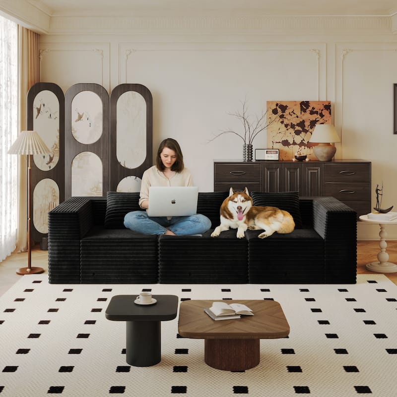 Corduroy Boneless Sectional Couch Floor Deep Seat Sofa with Pillows