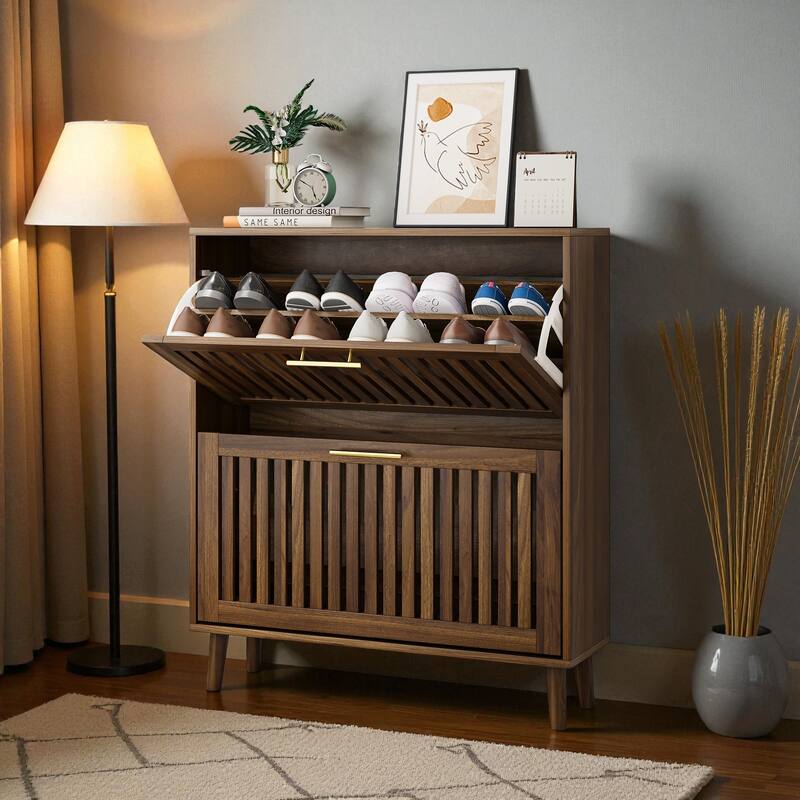 31.5" Walnut Shoe Cabinet with 2 Flip Drawers, Mid-Century Modern Freestanding Shoe Storage Organizer for Entryway or Hallway