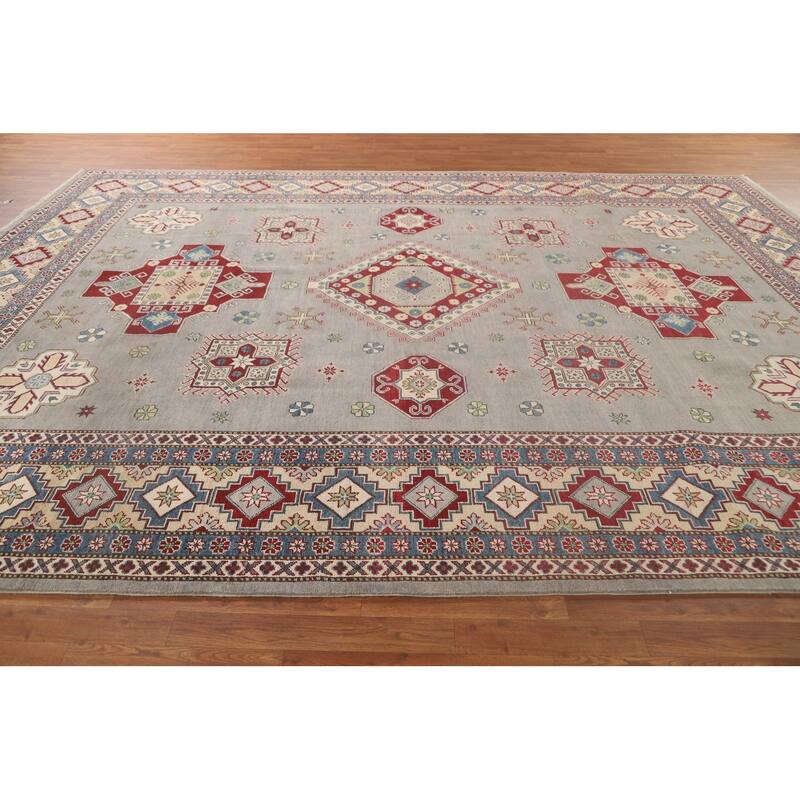 Gray Geometric Kazak Oriental Area Rug Handmade Wool Carpet - 9'11"x 13'3"