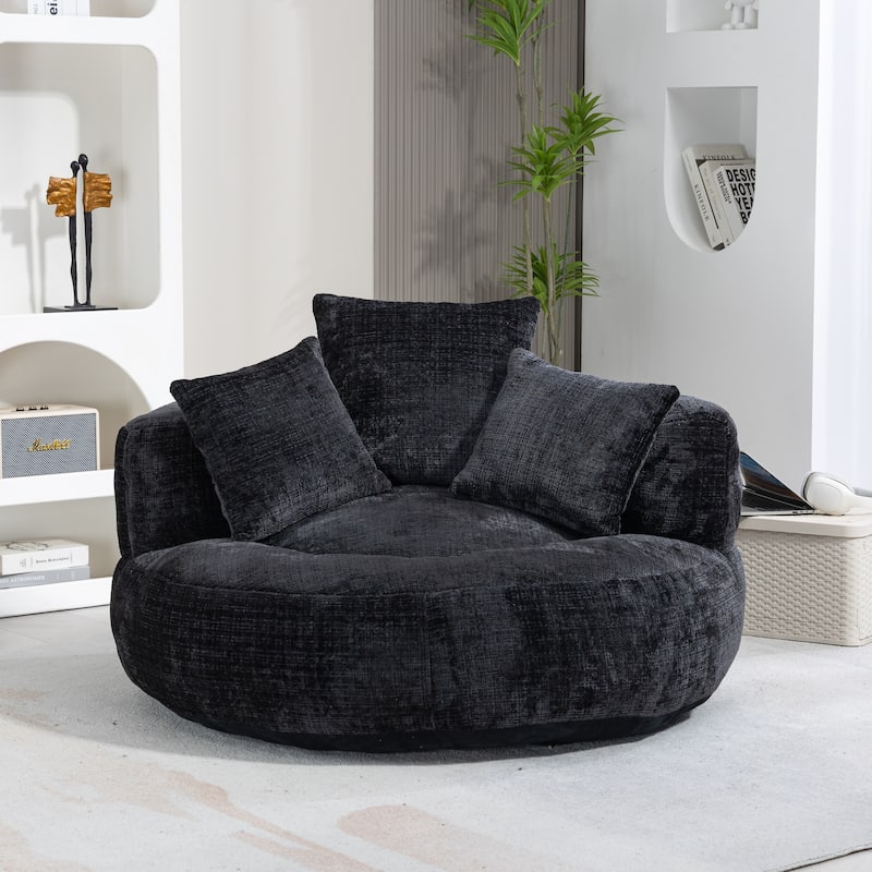 Chenille Oval Bean Bag Chair, Memory Foam Filling Lazy Sofa, Adults Lounge Chair with 3 Pillows & Semi-Wraparound Armrests