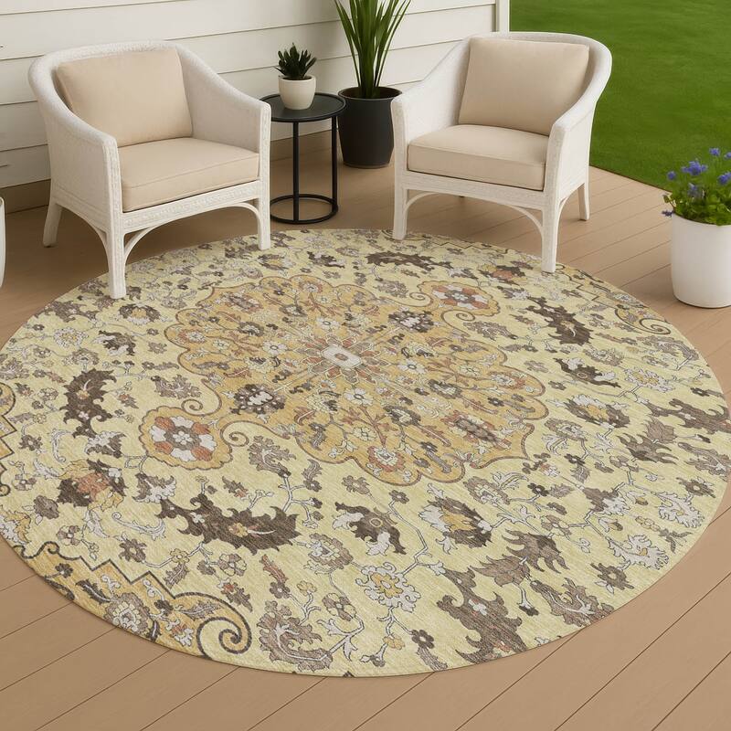 Machine Washable Indoor/ Outdoor Traditional Indore Chantille Rug - Gold - 8' x 8'