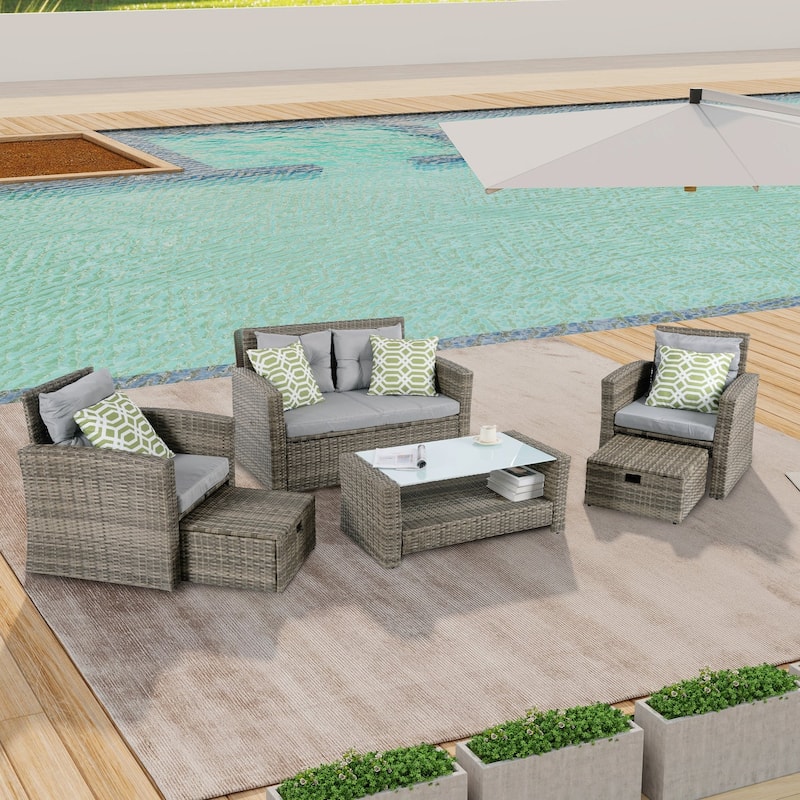 6-Piece PE Rattan Wicker Patio Conversation Set with Dark Grey Cushions - 50x28.75