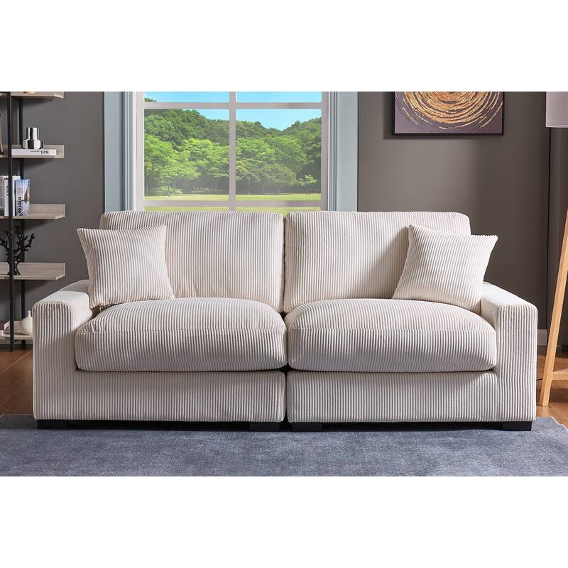 4 Seater Cream Corduroy Modular Sofa with 2 Ottomans and 2 Pillows