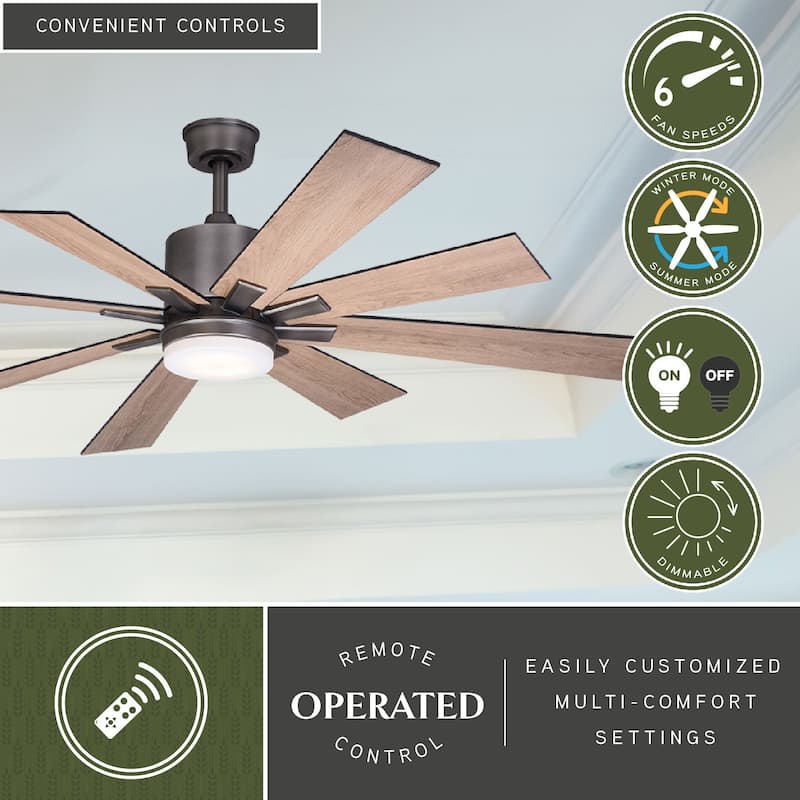 Crawford 60 in. Ceiling Fan with Reversible Blades, Dimmable LED Light Kit, Remote Control, 6 Speeds, Energy Efficient DC Motor