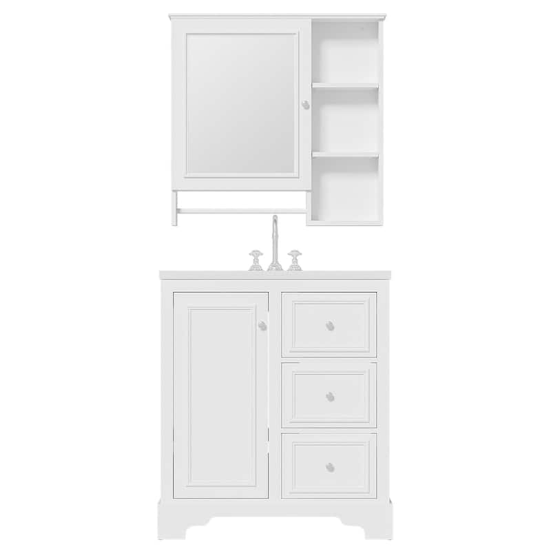 GDFStudio - Aster Wood & Ceramic 30" Bathroom Vanity Cabinet with Basin, 3 Drawers & Adjustable Shelves