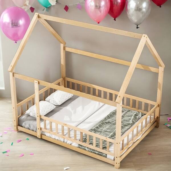 slide 2 of 13, Full Size Wooden Bed House Bed with House Roof Frame