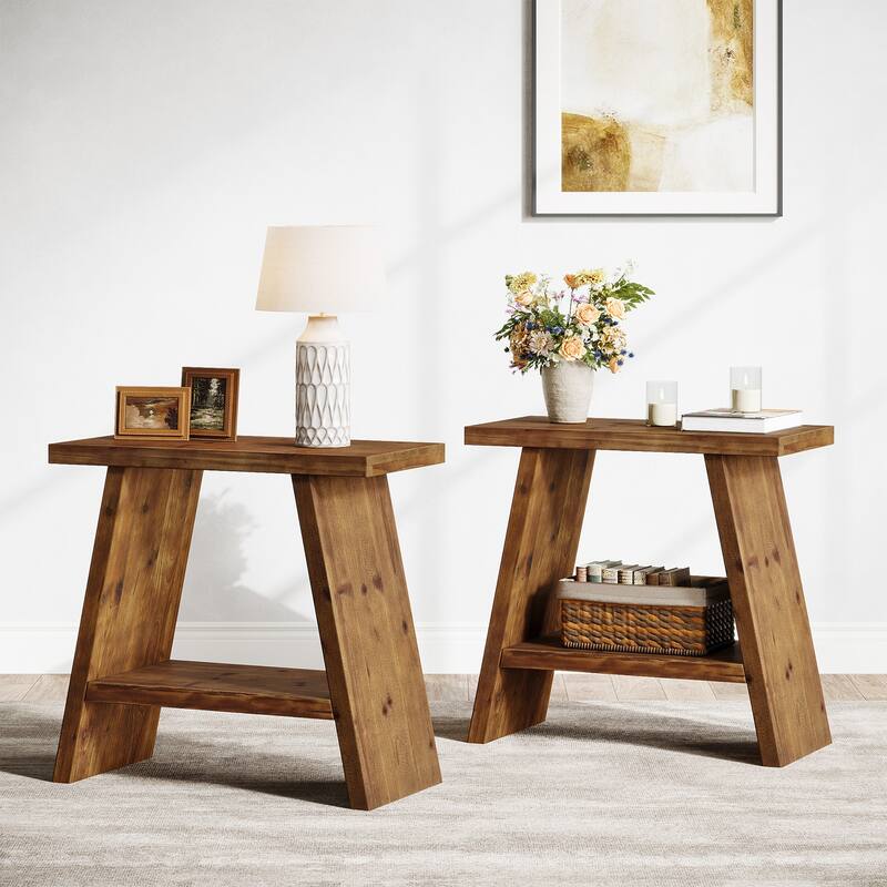 Solid Wood End Table for Living Room (Set of 2) - 11.81"D x 23.62"W x 23.62"H - Rustic Brown