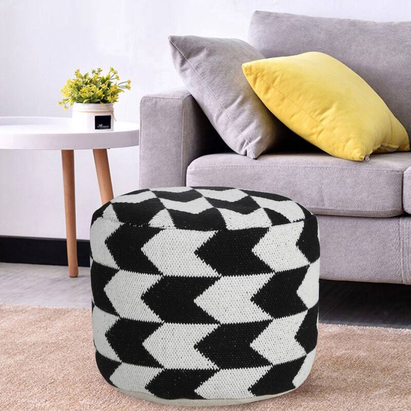 18" White and Black Chevron Arrow Round Pouf Ottoman