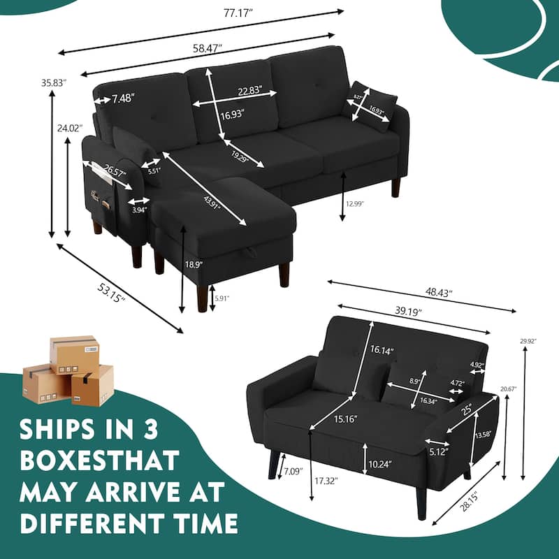 77.17" Corduroy 3 Pieces Living Room Sets with Sofa, Ottoman and Loveseat