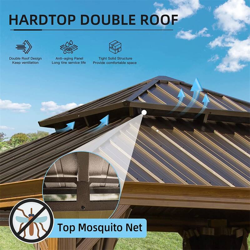 12' x 12' Aluminum Hardtop Gazebo Wooden Coated with Galvanized Steel Double Roof with Curtains and Netting