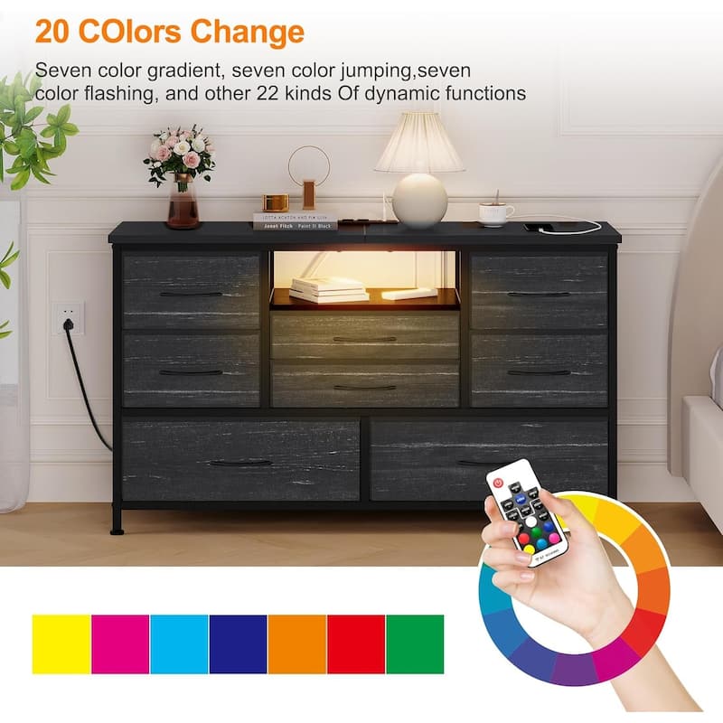 8-Drawer Fabric TV Stand with LED Lights & Built-in Power Outlets