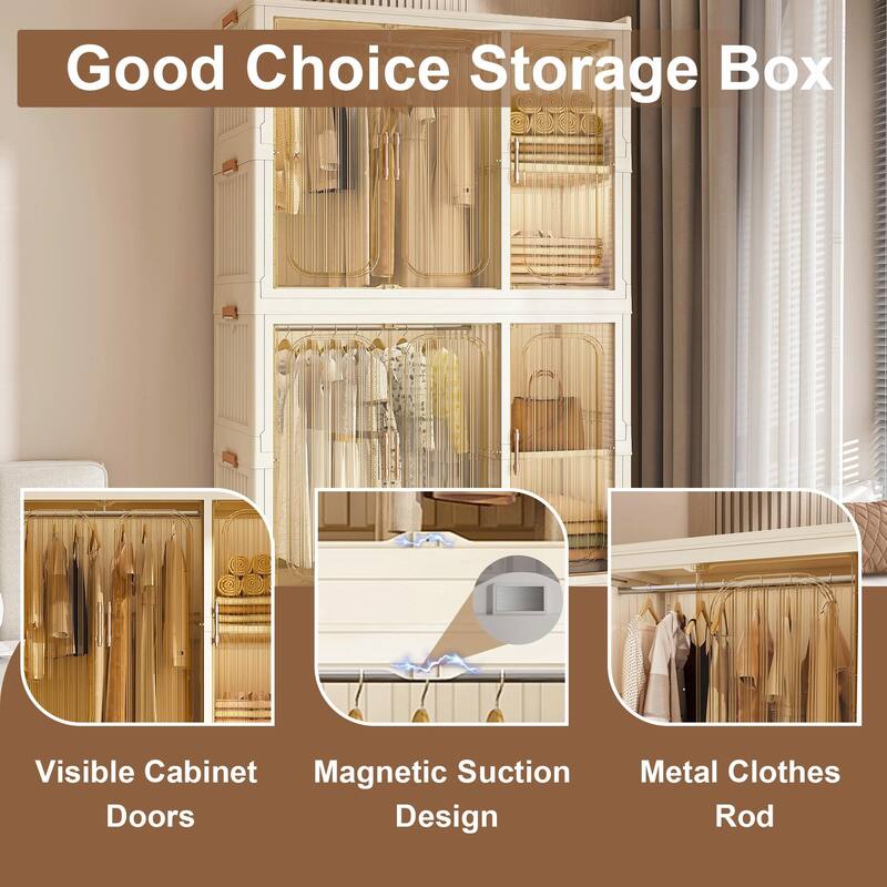 Portable Wardrobe Closet Storage Organizer - 9 Magnetic Doors, 9 Cubes & 2 Hanging Rods, Baby Wardrobe Cabinet