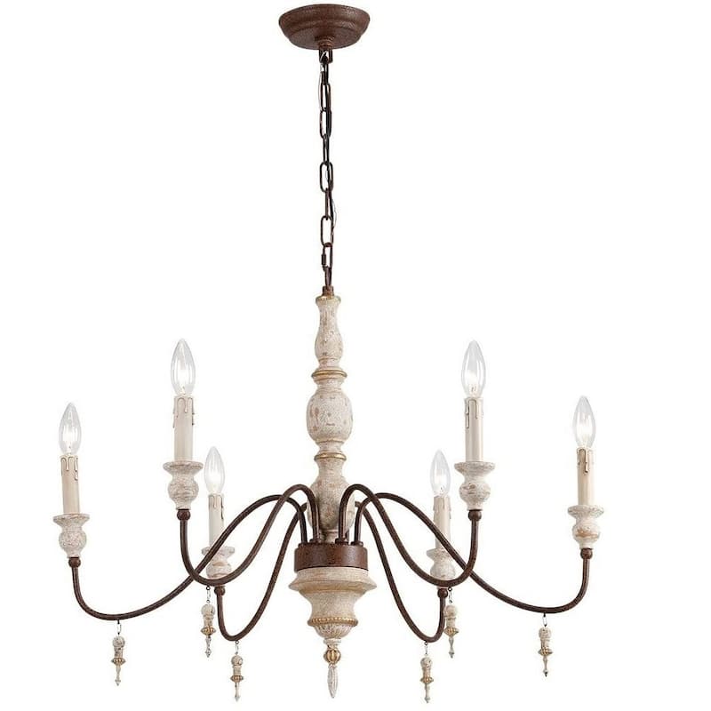 6-Light Classic Wood Like Metal Chandelier Medieval Antique Style 30 Inches Wide