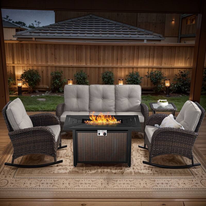 Gymojoy Outdoor Fire Pit Conversation Set, 3-Seat Sofa & Chairs Patio Furniture Set - 5-Piece included Rocking Chairs - Beige