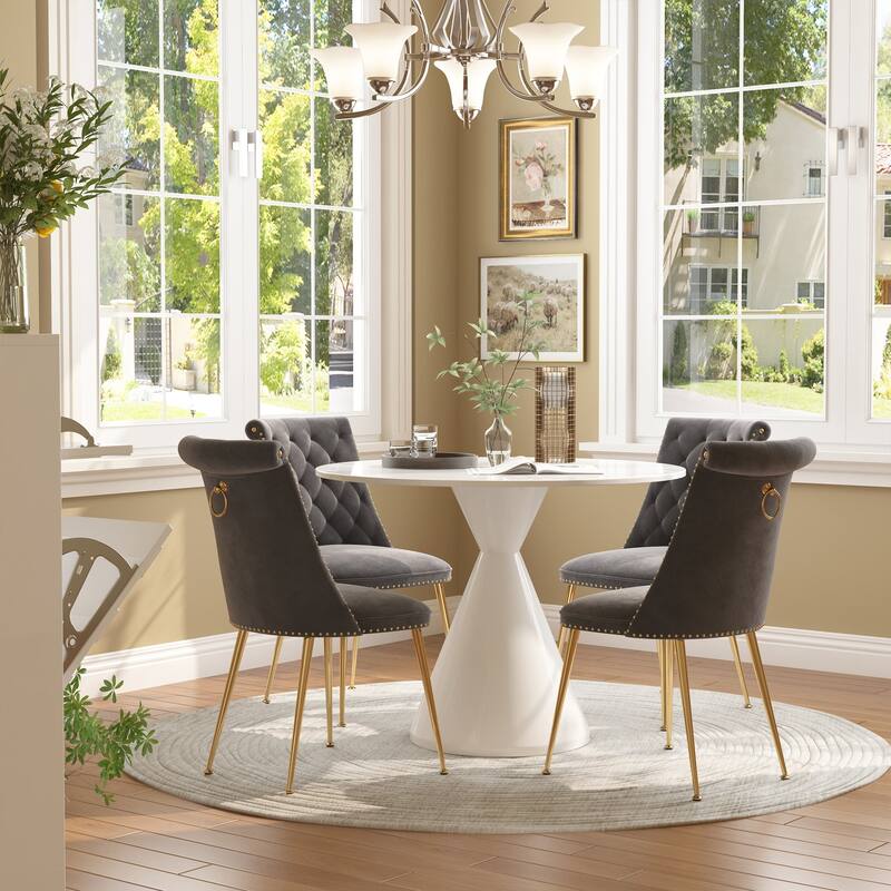 48" Light Luxury White High Gloss Large Countertop Dining Table with Velvet Dining Chair Set
