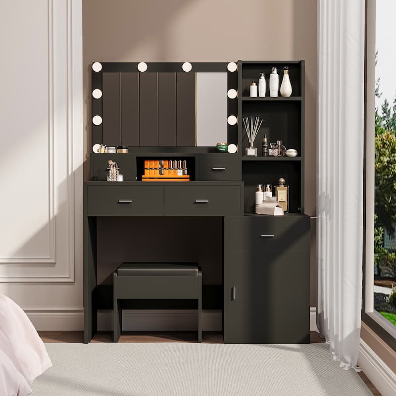 Vanity with Mirror and Hair Dryer Rack 5 Drawer Dressing Table Stool USB Charging Station - Black