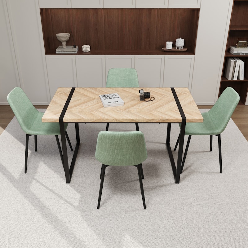 Modern 5-Piece Dining Set with Light Wood Rectangular Metal Base Table & 4 Square Corner Suede Chairs