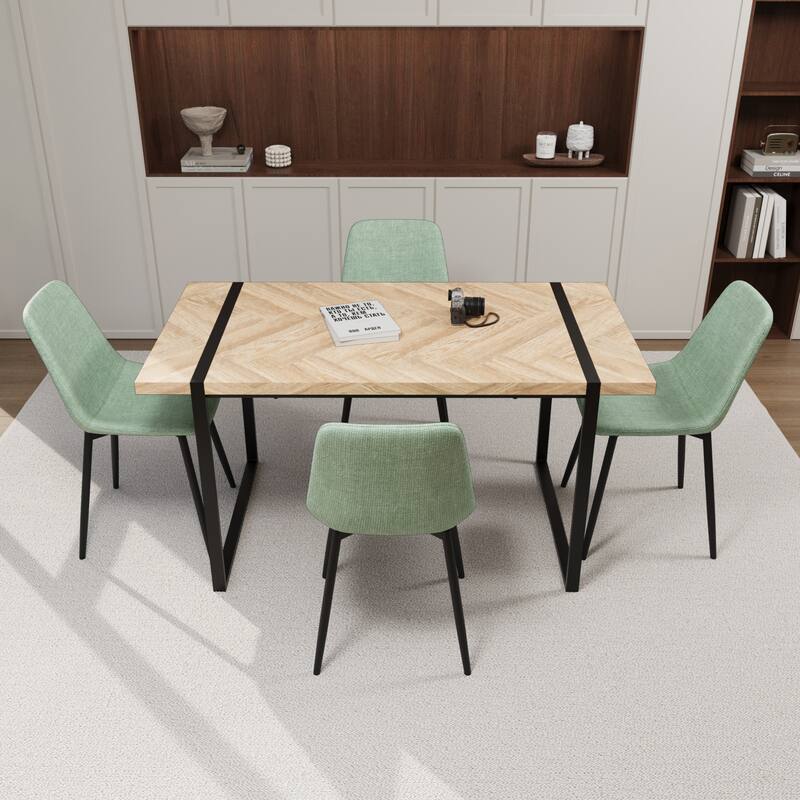 Modern Style 5-Piece Dining Set with Light Wood Rectangular Metal Base Table and 4 Square Corner Suede Dining Chairs
