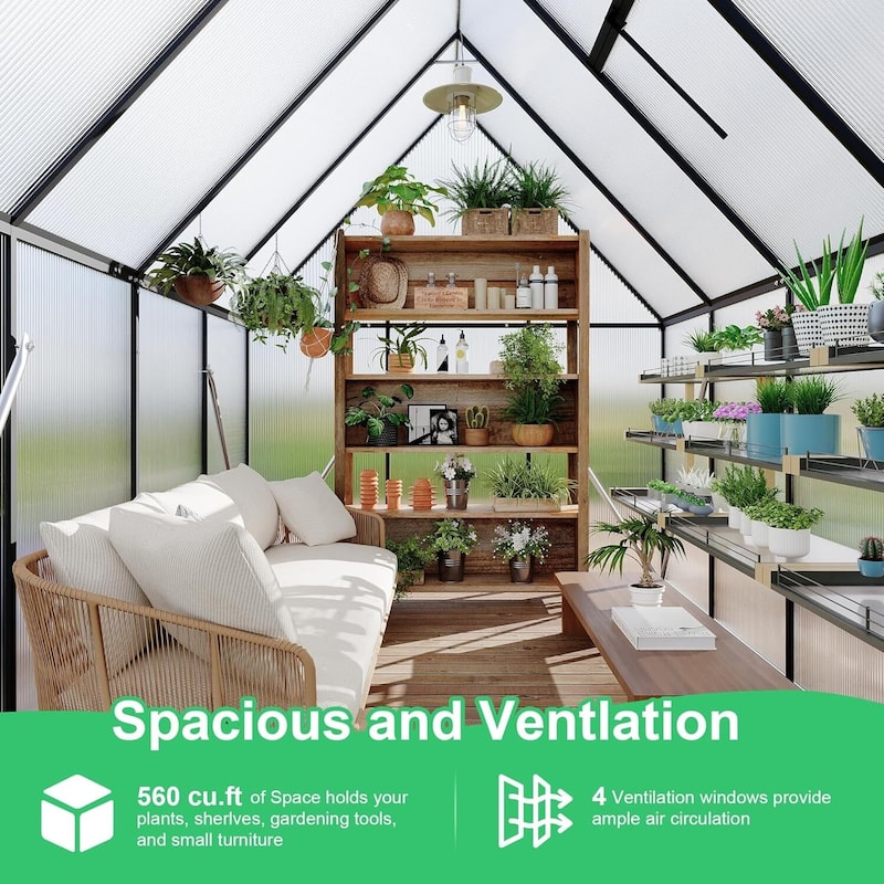 6'x7' Heavy Duty Polycarbonate Greenhouse for Outdoors Gardening, Black