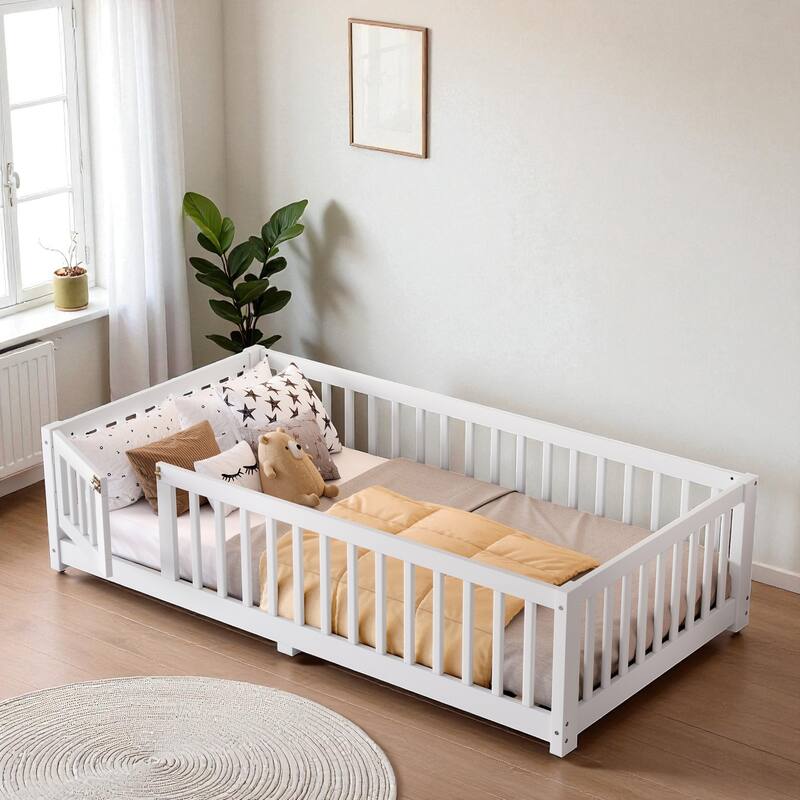 Twin/Full/Queen Size Wood Floor Bed with Door and Guardrails for Kids, Montessori Bed with Removable Slats - White - Twin