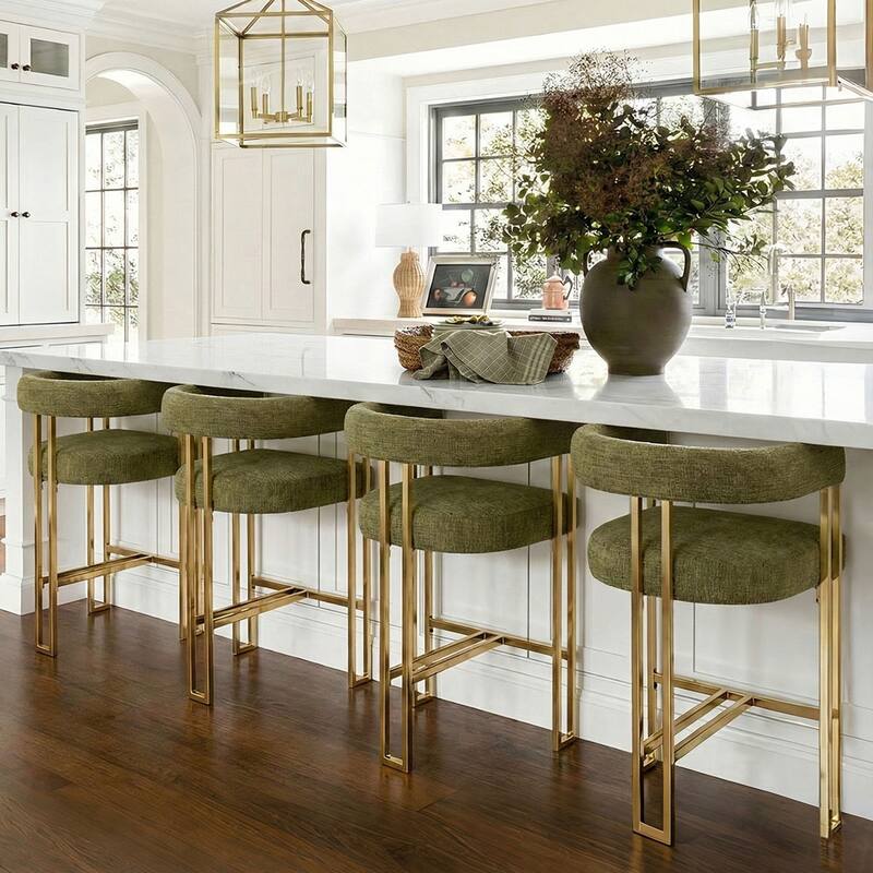 25" Seat Height Upholstered Chenille Gold Matel Counter Stool - Olive-4-piece - Set of 4