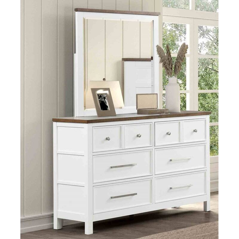 Modern Farmhouse White/Dark Brown Finish Bedroom Set Bed Nightstand Dresser Mirror Chest
