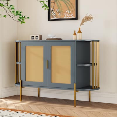 2-Door Elegant Curved Dining Cabinet with Gold Trim and Woven Rattan Doors for Dining Room