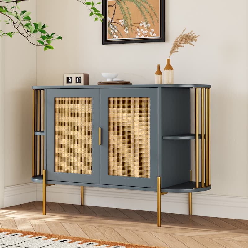 2-Door Storage Cabinet with Woven Rattan Doors, Buffet Sideboard with Gold Trim, Console Table with Curved Open Shelves - Dark Gray