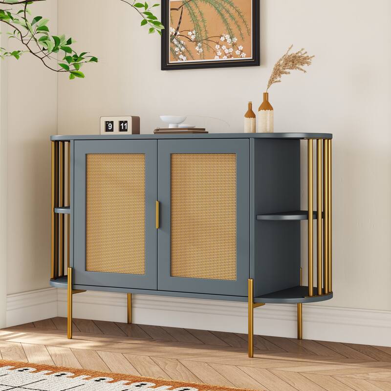 Curved Sideboard with Woven Rattan Doors and Open Storage - Dark Grey