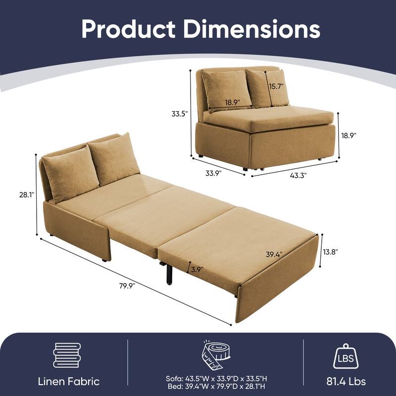 Mixoy Full Size Queen Size Sofa Bed,2 in 1 Convertible Linen 1-Seater/Loveseat Sleeper Sofa Couch with Cushions