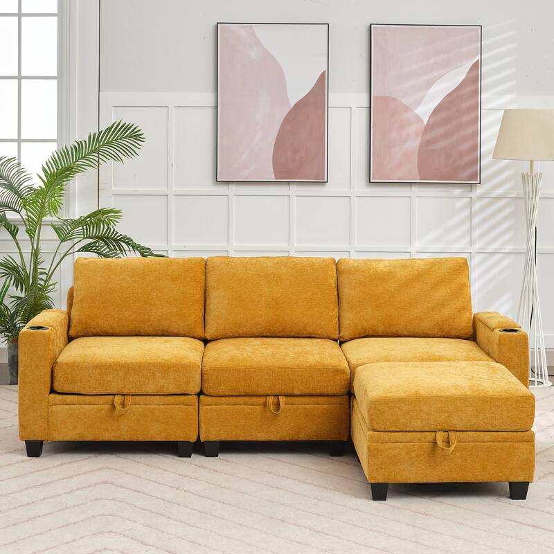 Chenille Storage Sofa, 3 Seats with a Removable Ottoman - Golden Yellow - Reversible