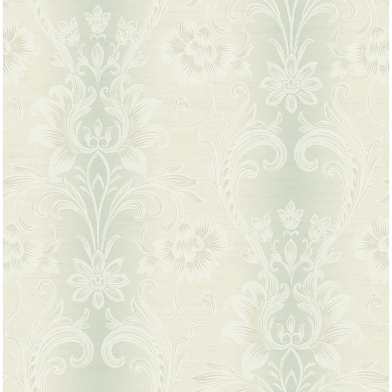 Seabrook Designs Sienna Damask Stripe Unpasted Wallpaper - 20.5 in. W x 33 ft. L - Seafoam & Linen