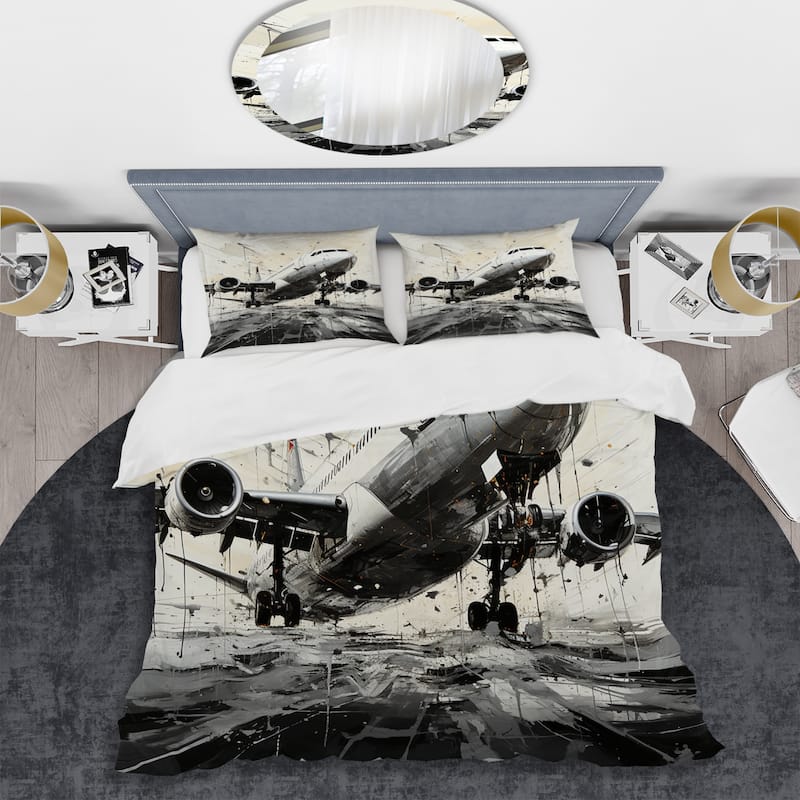 Designart "Abstracted Plane Flight Path" Grey Modern - Bed Cover Set With Shams