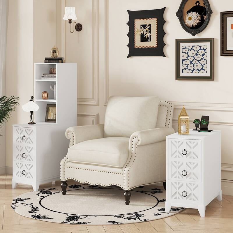 Tall Nightstand with Charging Station, Narrow Sofa Side Table with 3 Drawers & 2 Open Shelves, Solid Wood Entryway Accent Table